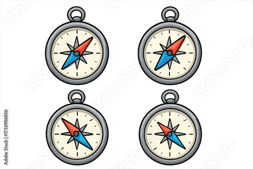 Set of compass icons for navigation and direction. Vector cartoon illustration of a magnetic compass for travel, exploration, and adventure. Symbol of guidance, orientation, discovery.