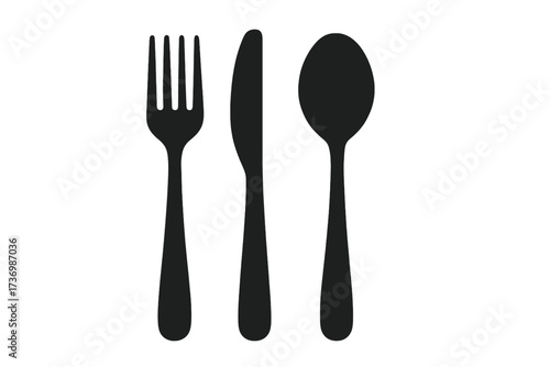 Cutlery icon set with fork, knife, and spoon. Black silhouette tableware for a restaurant menu logotype. Simple flat vector illustration for food, dining, and eating concepts.