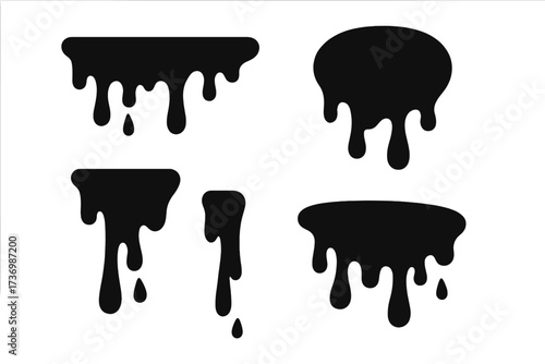 Dripping paint vector silhouette collection. Dripping liquid stains and drops. Current oil, ink or chocolate leak. Melting borders. Graphic design elements set. Splashes.