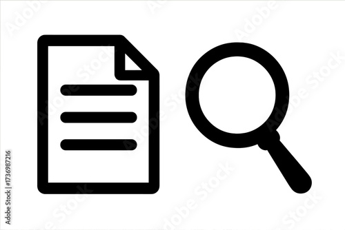 Document search icon. File analysis with magnifying glass. Data inspection and review symbol. Research, audit, and proofreading concept. Find information in a text report vector.