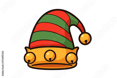 Vector cartoon elf hat with jingle bells. Christmas striped cap icon. Xmas holiday accessory. Festive dwarf or gnome costume element. Cute winter holiday illustration.