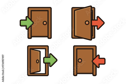 Exit and entry icon set. Log in, log out vector symbols. Cartoon illustration of door and arrow icons for website and app UI. User access, sign in, sign out buttons.