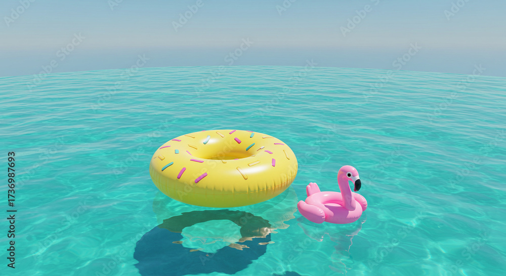 Naklejka premium Joyful summer day with inflatable donut and flamingo floating on crystal clear turquoise water