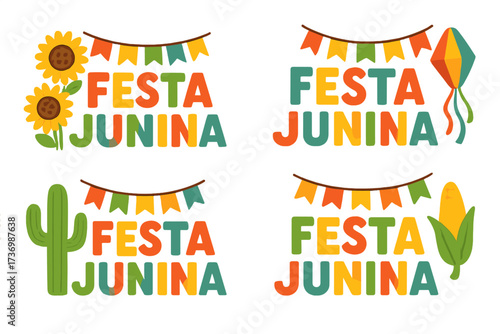 Festa Junina vector logo set. Colorful typography for the traditional Brazilian June festival celebration. Includes sunflowers, corn, cactus, kite, and party flags for banners.