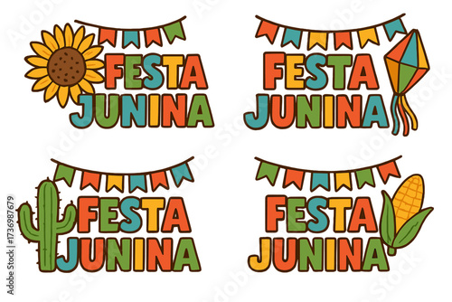 Festa Junina vector logo set. Traditional Brazilian june festival icons with sunflower, flags, kite, cactus and corn. Brazil holiday celebration graphic elements collection.