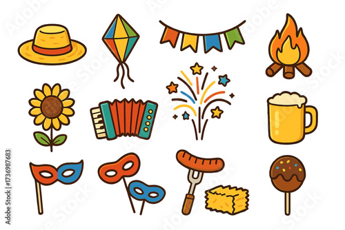 Festa Junina icon set for Brazilian June Festival. Vector cartoon collection of party symbols: accordion, bonfire, fireworks, flags, hat, kite, food. Flat design elements.