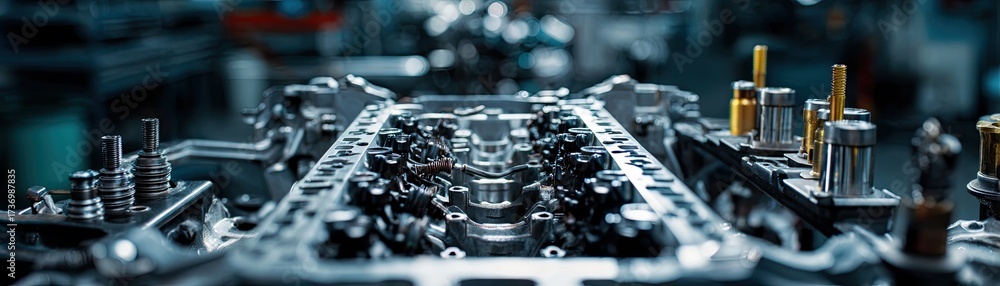 Naklejka premium A close-up view of intricate mechanical components showcasing precision engineering and metallic textures in a factory setting.