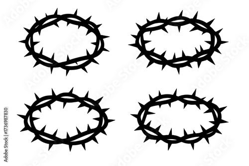 Jesus Christ crown of thorns silhouette set. Christian religious symbol of crucifixion, sacrifice, and passion. Vector icons for Easter, Lent, and Good Friday celebration.