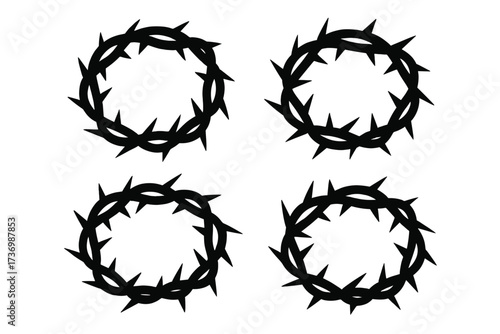 Crown of thorns silhouette vector icon set. Symbol of the crucifixion of Jesus Christ, passion, and suffering. Christian religious graphic element for Easter. Biblical illustration.
