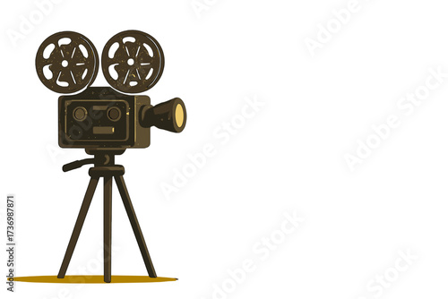 Vintage movie camera on tripod. Retro film projector for cinema and filmmaking. Old-fashioned cinematography equipment. Classic entertainment industry symbol vector illustration.