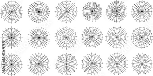 Spider web vectors, cobweb illustrations, Halloween spiderweb art, round web designs, spooky cobweb graphics, creepy web icons, insect trap drawings, silk patterns