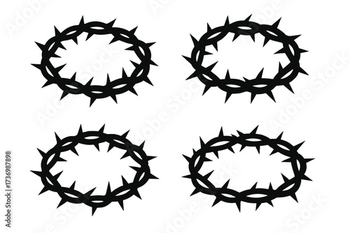 Crown of thorns silhouette vector icon set. Symbol of the passion of Jesus Christ, crucifixion, and suffering. Christian religious illustration for Easter. Sacrifice and faith.