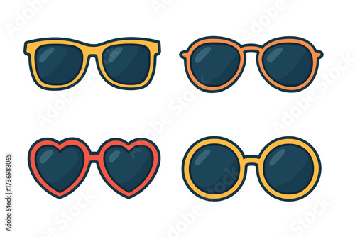 Sunglasses set vector illustration. Collection of colorful retro eyeglasses in flat cartoon style. Fashion summer accessory icons. Heart-shaped, round, and classic frames design.