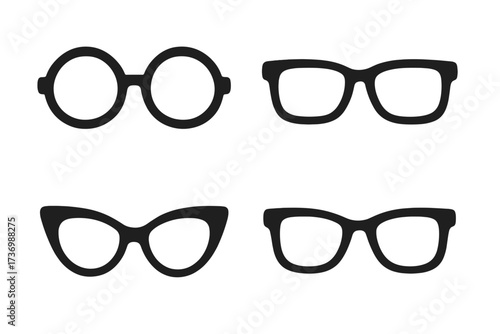 Glasses and sunglasses vector silhouette icon set. Fashion accessory for vision correction. Different types of frames: round, cat-eye, wayfarer. Hipster and retro style eyewear.