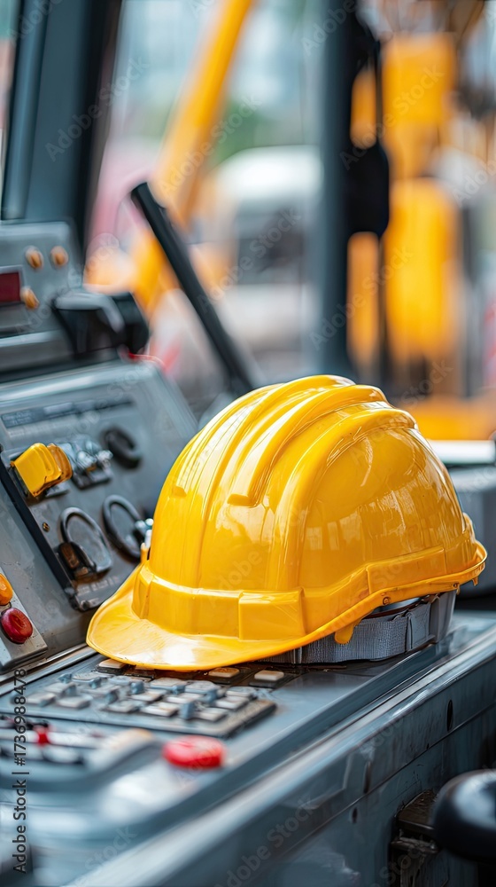 Fototapeta premium A close-up of a yellow hard hat resting on a control panel, hinting at construction or heavy machinery work in a vibrant environment.