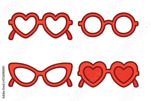 Red glasses vector set. Valentine's Day fashion accessory collection. Heart shaped, cat eye, round frames. Love, romance, party sunglasses icon. Cute cartoon illustration.