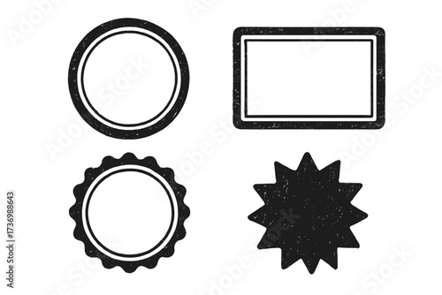 Grunge stamp texture frames. Set of retro empty badges. Distressed rubber seal effect. Vintage vector label, border, and insignia collection. Circle, starburst shapes.
