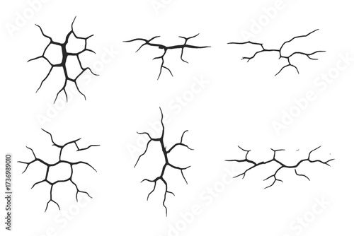 Ground cracks set. Damaged wall texture. Earth crack from earthquake. Dry soil fracture. Destruction, split, damage effect. Vector illustration with transparent background.