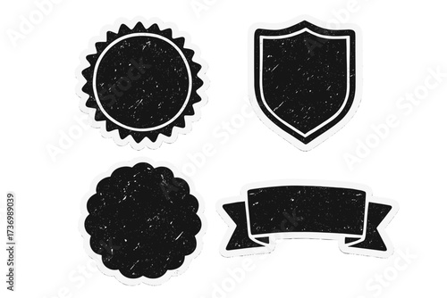 Set of grunge badge icons and sticker shapes with distressed texture. Blank vintage labels, retro emblems, shield and ribbon banners. Vector templates for logo, stamp, or seal.