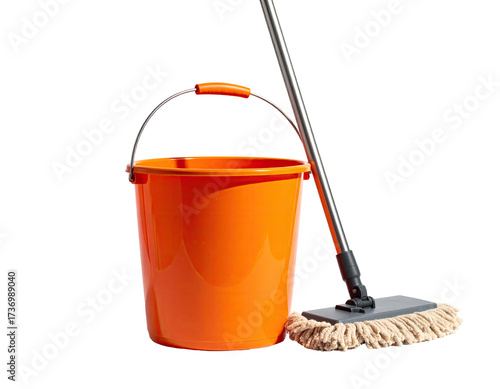 Orange cleaning bucket and mop