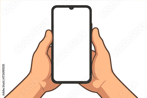 Hands holding smartphone with blank white screen. Phone mockup for mobile app or website presentation. Cartoon vector illustration. User holding device. UI UX design element.