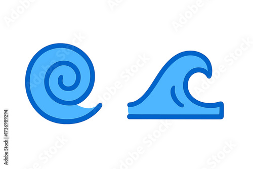Wave icon set. Ocean, sea, water symbol collection. Simple flat cartoon vector illustration. Spiral swirl and surf crest logo element for design. Marine, aqua concept.