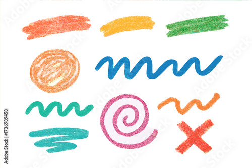 Set of colorful crayon hatches and shapes. Hand drawn pencil strokes, charcoal scribbles, and pastel textures. Vector doodle elements for kids design or abstract background.