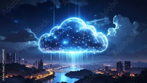 Futuristic digital cloud connection over city with glowing network lights