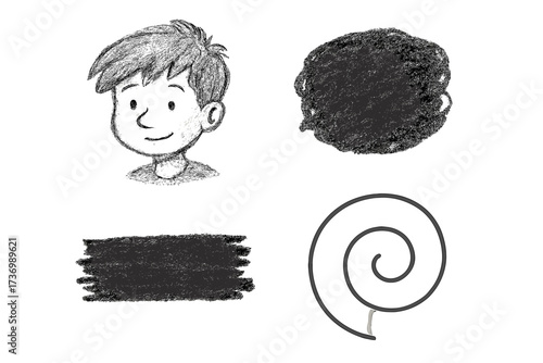 Pencil sketch boy face with tangled thought scribble and spiral. Psychology metaphor for mental health, mood disorder, inner chaos vs order. Cartoon illustration vector set.