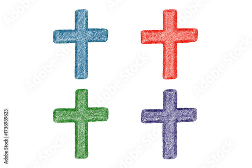 Christian cross collection. Crayon pencil sketch texture. Hand drawn vector illustration set. Religious symbol for faith, crucifix, Jesus, Easter and church design concepts.