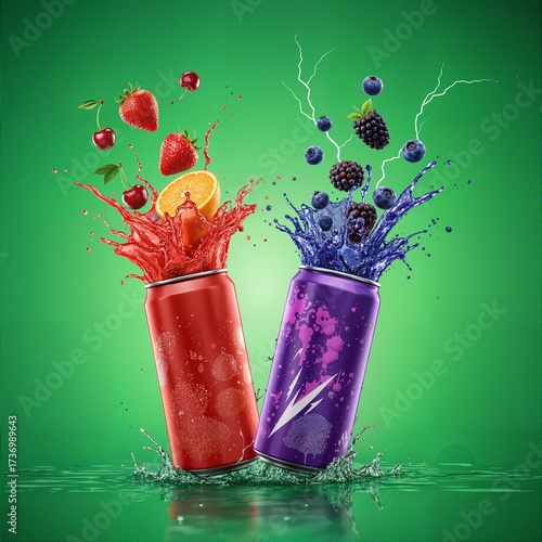 Two energy drink cans with red and blue fruit splashes