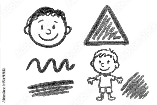 Hand-drawn doodle set with pencil sketch texture. Child's crayon drawing collection. Vector illustration of a cartoon boy, face, triangle, and scribble strokes. Simple kids art.