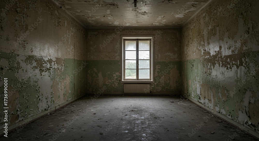 Obraz premium Dilapidated room with peeling paint reveals a window to a distant exterior world view.