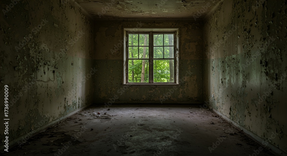 Obraz premium Dilapidated room showcases peeling paint, revealing nature through a weathered window frame.
