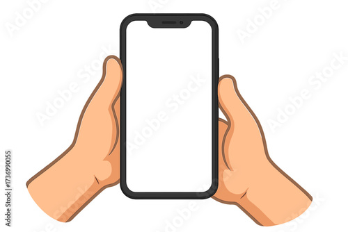 Hands holding phone with blank screen. Smartphone mockup for presentation. Mobile device display. Cellphone frame. Vector cartoon illustration for your design, app, UI, UX.