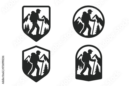 Set of hiking badges with hiker silhouette. Man trekking in mountains with backpack and stick. Outdoor adventure and travel logo collection. Vector icon emblem for exploration.