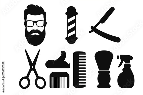 Barbershop icons set. Hipster man head with beard and glasses. Hair salon silhouette elements. Hairdressing equipment. Scissors, comb, razor, shaving brush, barber pole vector.