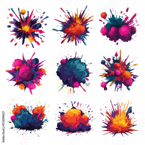 Dynamic explosion silhouette bursting outwards with vibrant colors isolated on a clean white background isolated on white background