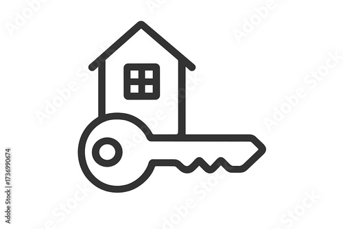 House key icon. Real estate symbol for buying a new home. Property ownership, mortgage, and investment concept. Vector line art for agent, rental, or security. Simple logo.