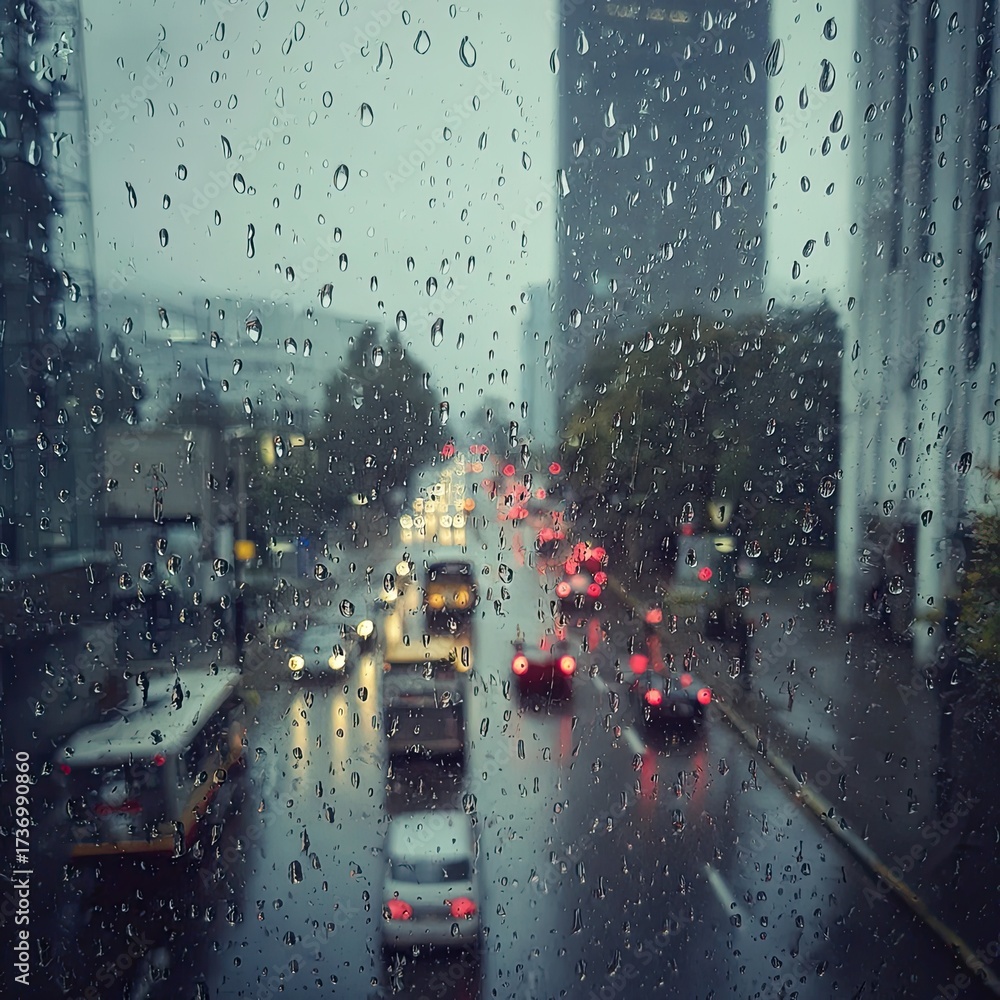 Fototapeta premium Rain-streaked city street viewed through a window