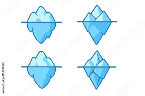 Iceberg icon set vector illustration. Tip of the iceberg metaphor for psychology, business. Hidden problem, danger concept. Visible and invisible part. Cartoon and geometric style.