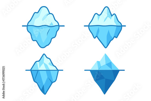 Iceberg icon set vector illustration. Cartoon and low poly geometric style. Metaphor for the iceberg principle model, showing the visible tip and large hidden underwater part.