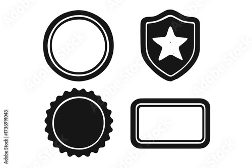 Set of blank grunge stamps. Retro postal badges collection. Distressed texture vector labels. Vintage seal and insignia shapes. Circle, shield with star, and frame icons.