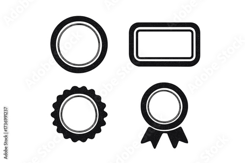 Set of grunge rubber stamp icons. Collection of distressed vector badges and seals. Vintage retro frames and labels for design. Blank award medal illustration with texture.