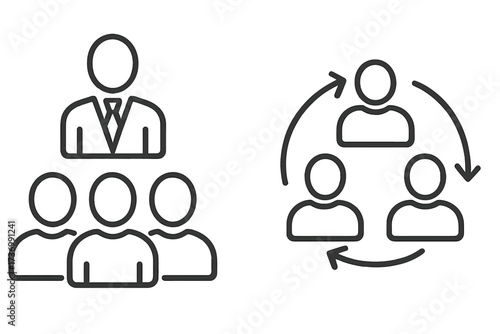Leadership and cooperation icon set. Teamwork, management, and business communication symbols. Vector line art of a leader with a team and a workflow process diagram.