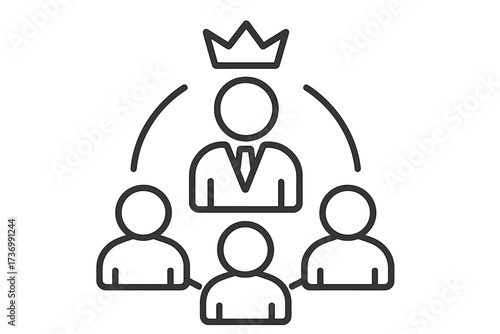 Leadership icon for business. Cooperation symbol. Team management concept. Boss with crown leading employees. Corporate hierarchy and organization structure. Teamwork vector pictogram.