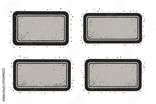 Grunge stamp frame set. Vector retro badge collection. Distressed rubber stamp border illustration. Vintage label and textured insignia template. Blank ink seal design element.