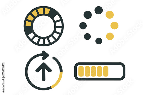 Set of vector loading icons. Progress bar, spinner, and upload status indicator collection. User interface elements for website and app design. Buffering and waiting signs.
