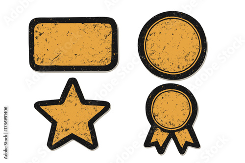Set of grunge badges. Vintage textured labels collection. Retro star, circle, award ribbon and frame shapes. Hand drawn stamp emblems for promotion and design elements.