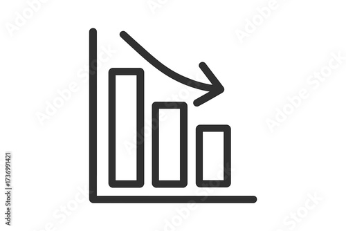 Loss chart icon. Decrease graph with arrow down. Financial crisis, market decline, business failure, economy recession concept. Stock depreciation symbol. Vector linear diagram.